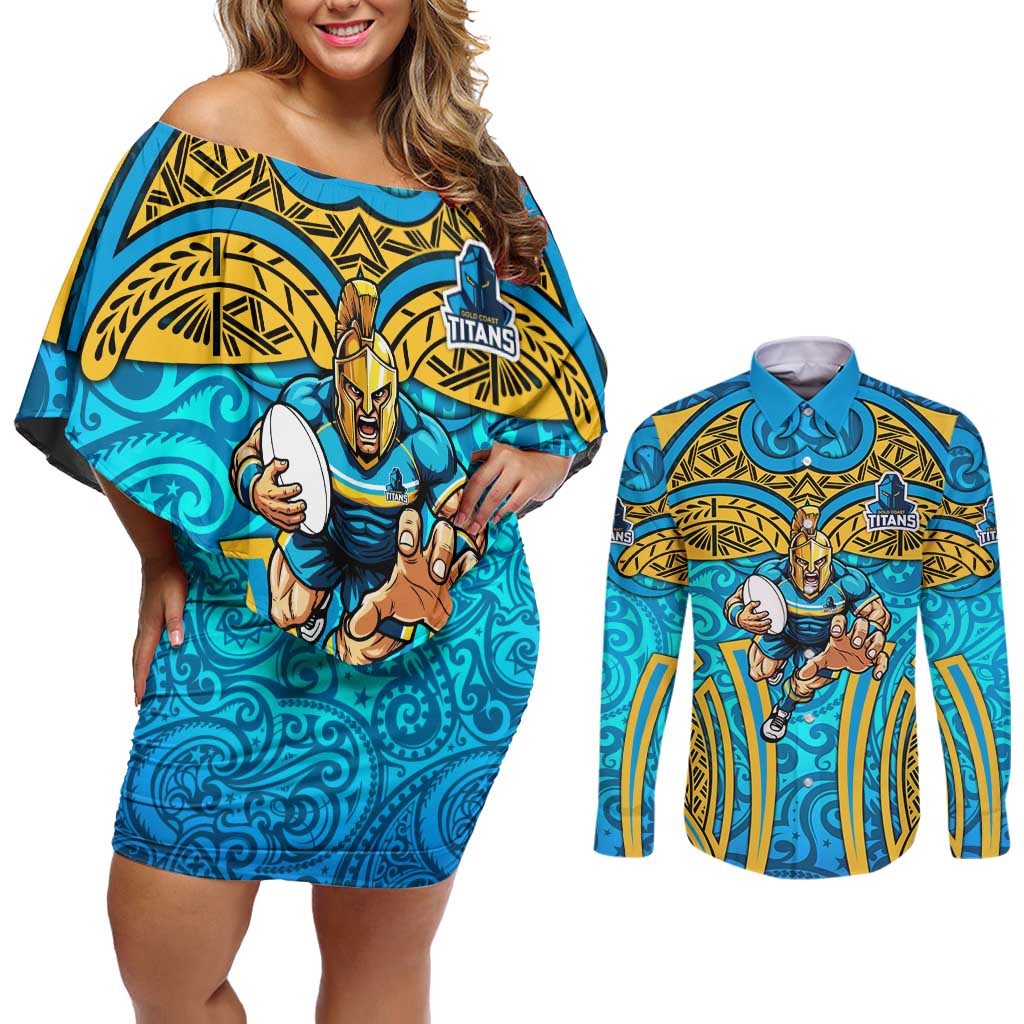 Gold Coast Titans Rugby Couples Matching Off Shoulder Short Dress and Long Sleeve Button Shirt Polynesian Tribal Spartan Warrior Blue Gold Pattern