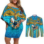 Gold Coast Titans Rugby Couples Matching Off Shoulder Short Dress and Long Sleeve Button Shirt Polynesian Tribal Spartan Warrior Blue Gold Pattern