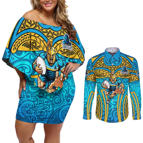 Gold Coast Titans Rugby Couples Matching Off Shoulder Short Dress and Long Sleeve Button Shirt Polynesian Tribal Spartan Warrior Blue Gold Pattern