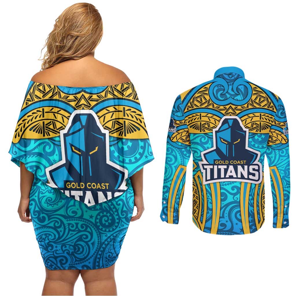 Gold Coast Titans Rugby Couples Matching Off Shoulder Short Dress and Long Sleeve Button Shirt Polynesian Tribal Spartan Warrior Blue Gold Pattern