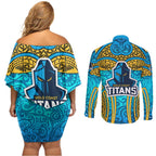 Gold Coast Titans Rugby Couples Matching Off Shoulder Short Dress and Long Sleeve Button Shirt Polynesian Tribal Spartan Warrior Blue Gold Pattern