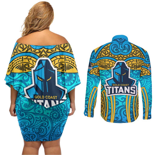 Gold Coast Titans Rugby Couples Matching Off Shoulder Short Dress and Long Sleeve Button Shirt Polynesian Tribal Spartan Warrior Blue Gold Pattern