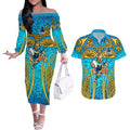 Gold Coast Titans Rugby Couples Matching Off The Shoulder Long Sleeve Dress and Hawaiian Shirt Polynesian Tribal Spartan Warrior Blue Gold Pattern