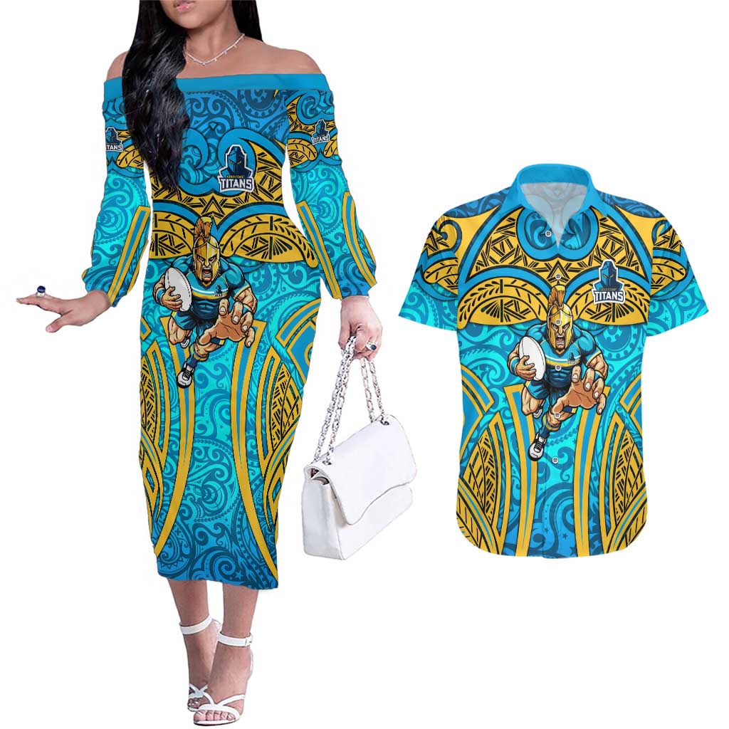 Gold Coast Titans Rugby Couples Matching Off The Shoulder Long Sleeve Dress and Hawaiian Shirt Polynesian Tribal Spartan Warrior Blue Gold Pattern