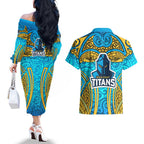 Gold Coast Titans Rugby Couples Matching Off The Shoulder Long Sleeve Dress and Hawaiian Shirt Polynesian Tribal Spartan Warrior Blue Gold Pattern