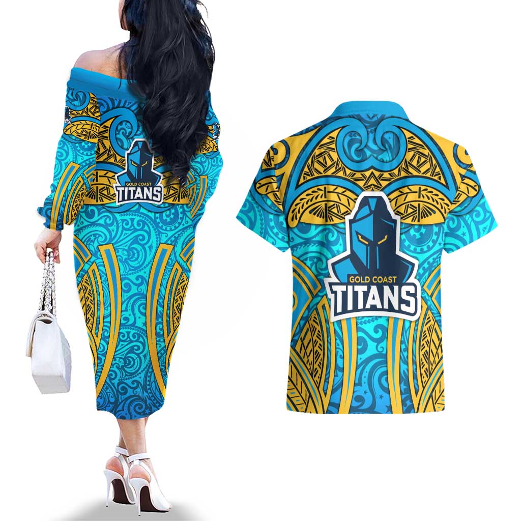 Gold Coast Titans Rugby Couples Matching Off The Shoulder Long Sleeve Dress and Hawaiian Shirt Polynesian Tribal Spartan Warrior Blue Gold Pattern