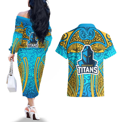 Gold Coast Titans Rugby Couples Matching Off The Shoulder Long Sleeve Dress and Hawaiian Shirt Polynesian Tribal Spartan Warrior Blue Gold Pattern