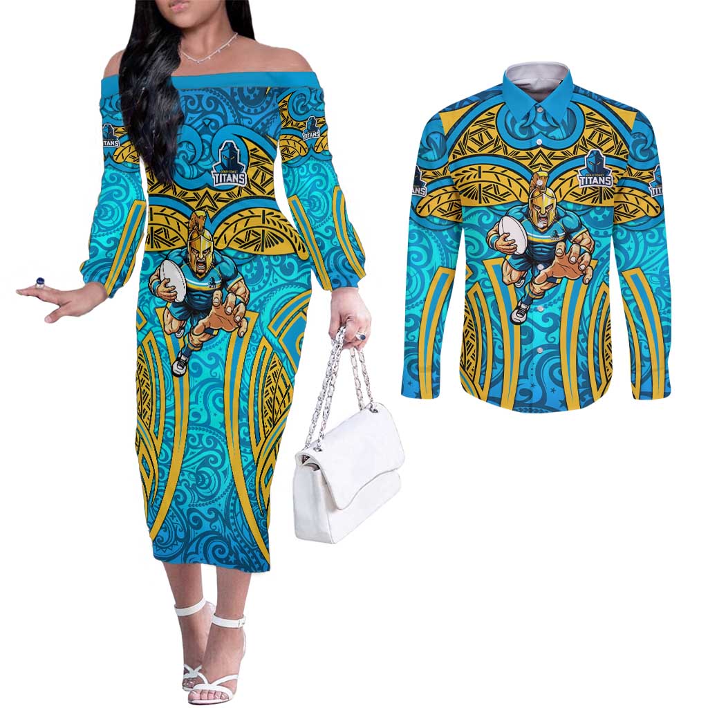Gold Coast Titans Rugby Couples Matching Off The Shoulder Long Sleeve Dress and Long Sleeve Button Shirt Polynesian Tribal Spartan Warrior Blue Gold Pattern