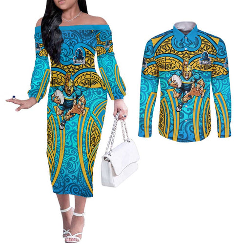 Gold Coast Titans Rugby Couples Matching Off The Shoulder Long Sleeve Dress and Long Sleeve Button Shirt Polynesian Tribal Spartan Warrior Blue Gold Pattern