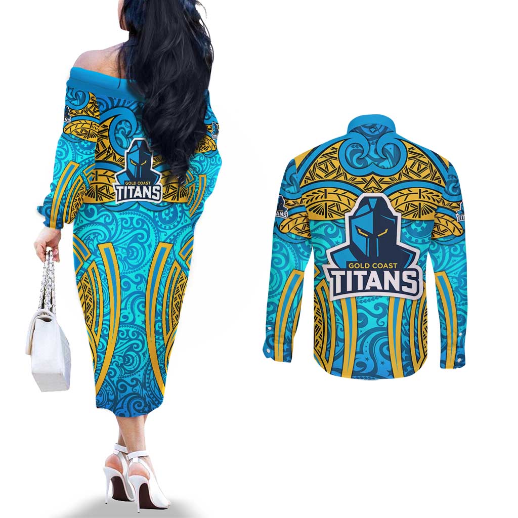 Gold Coast Titans Rugby Couples Matching Off The Shoulder Long Sleeve Dress and Long Sleeve Button Shirt Polynesian Tribal Spartan Warrior Blue Gold Pattern