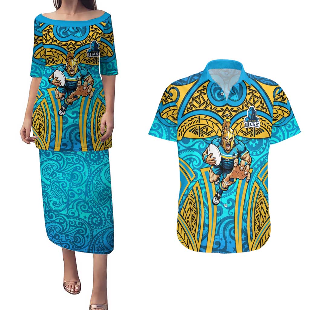 Gold Coast Titans Rugby Couples Matching Puletasi and Hawaiian Shirt Polynesian Tribal Spartan Warrior Blue Gold Pattern
