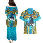 Gold Coast Titans Rugby Couples Matching Puletasi and Hawaiian Shirt Polynesian Tribal Spartan Warrior Blue Gold Pattern