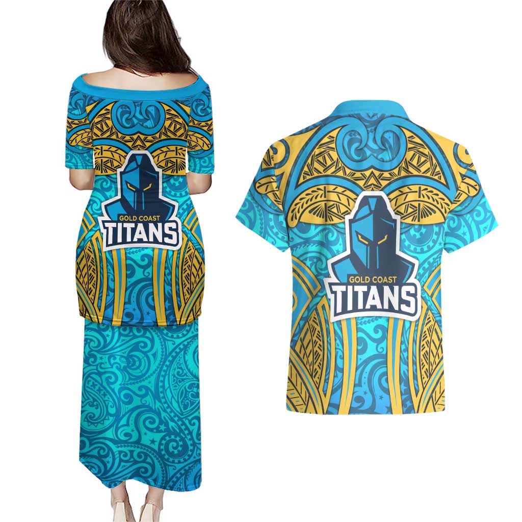 Gold Coast Titans Rugby Couples Matching Puletasi and Hawaiian Shirt Polynesian Tribal Spartan Warrior Blue Gold Pattern