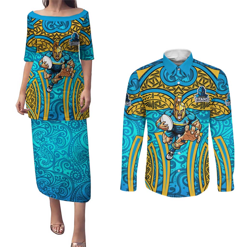 Gold Coast Titans Rugby Couples Matching Puletasi and Long Sleeve Button Shirt Polynesian Tribal Spartan Warrior Blue Gold Pattern