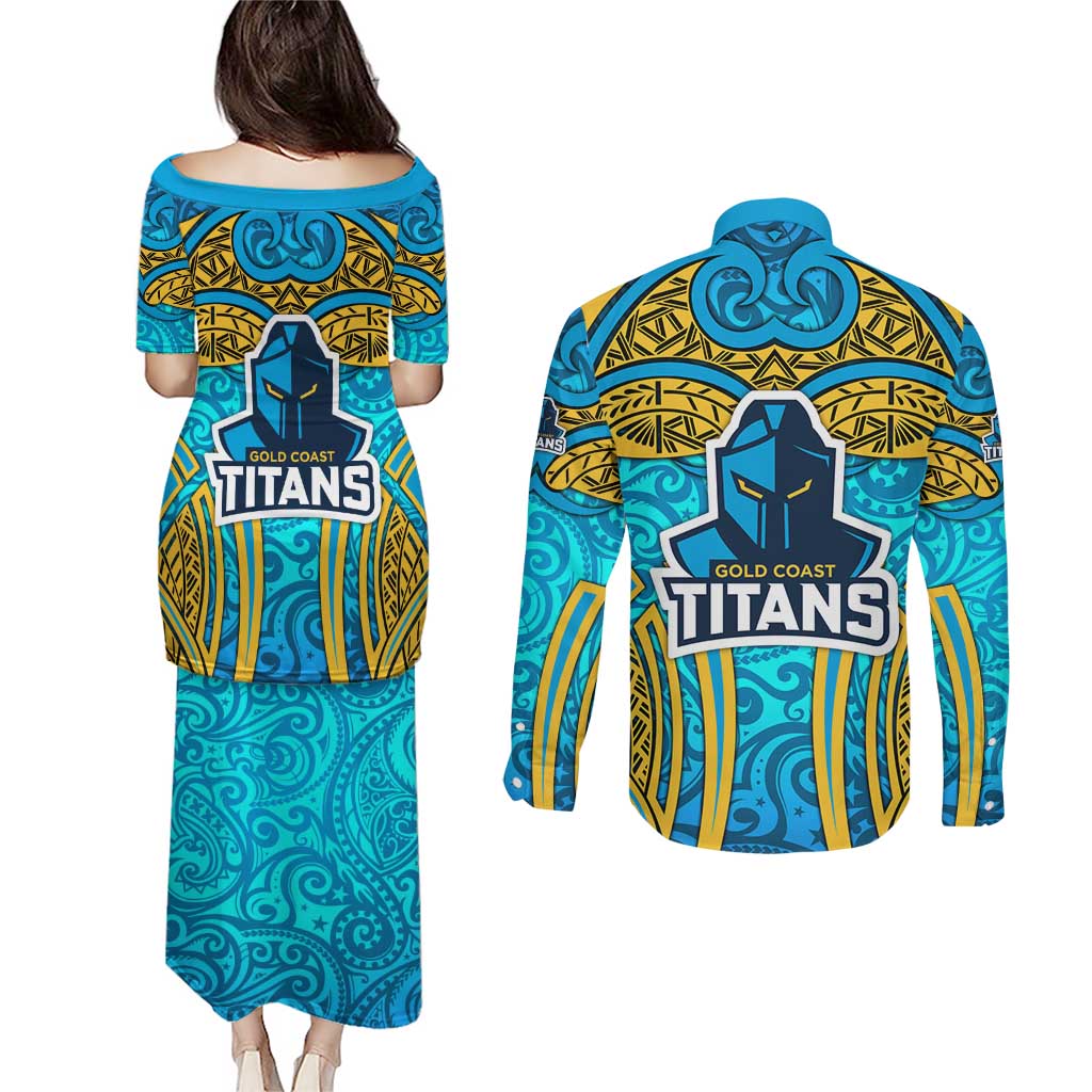 Gold Coast Titans Rugby Couples Matching Puletasi and Long Sleeve Button Shirt Polynesian Tribal Spartan Warrior Blue Gold Pattern