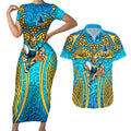 Gold Coast Titans Rugby Couples Matching Short Sleeve Bodycon Dress and Hawaiian Shirt Polynesian Tribal Spartan Warrior Blue Gold Pattern
