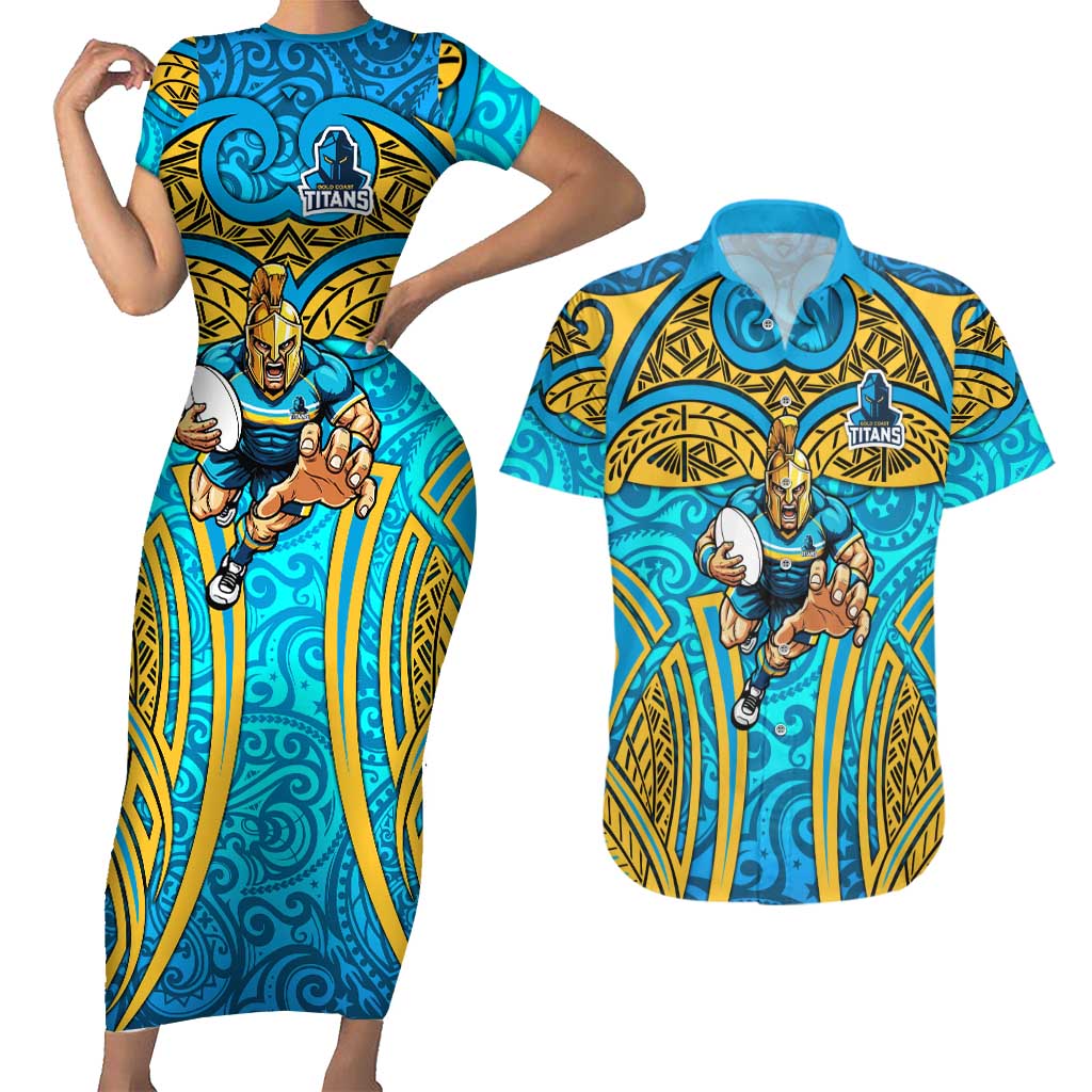 Gold Coast Titans Rugby Couples Matching Short Sleeve Bodycon Dress and Hawaiian Shirt Polynesian Tribal Spartan Warrior Blue Gold Pattern