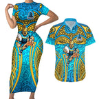 Gold Coast Titans Rugby Couples Matching Short Sleeve Bodycon Dress and Hawaiian Shirt Polynesian Tribal Spartan Warrior Blue Gold Pattern