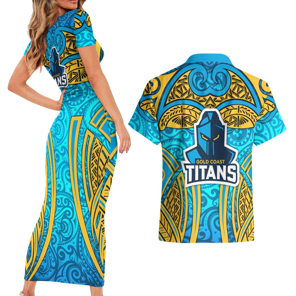 Gold Coast Titans Rugby Couples Matching Short Sleeve Bodycon Dress and Hawaiian Shirt Polynesian Tribal Spartan Warrior Blue Gold Pattern