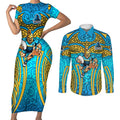 Gold Coast Titans Rugby Couples Matching Short Sleeve Bodycon Dress and Long Sleeve Button Shirt Polynesian Tribal Spartan Warrior Blue Gold Pattern