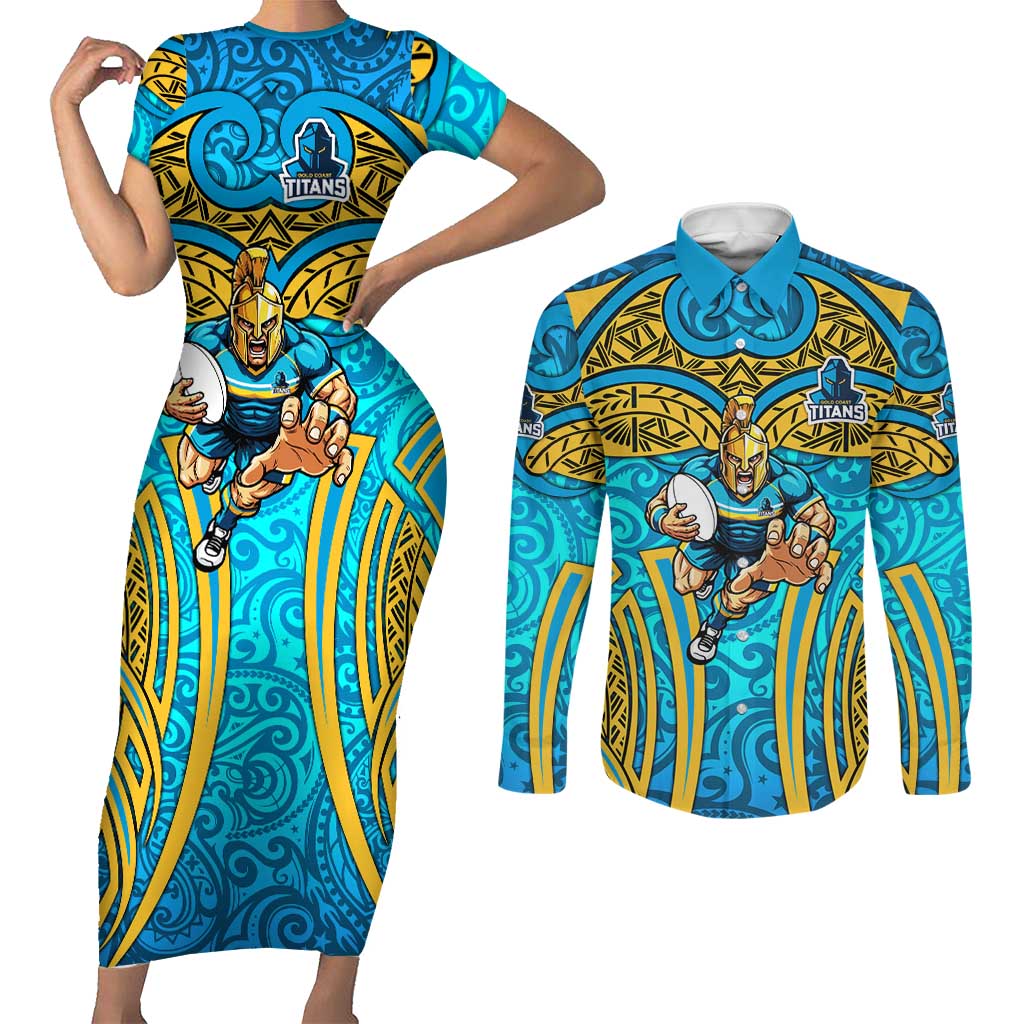 Gold Coast Titans Rugby Couples Matching Short Sleeve Bodycon Dress and Long Sleeve Button Shirt Polynesian Tribal Spartan Warrior Blue Gold Pattern
