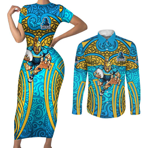 Gold Coast Titans Rugby Couples Matching Short Sleeve Bodycon Dress and Long Sleeve Button Shirt Polynesian Tribal Spartan Warrior Blue Gold Pattern