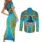 Gold Coast Titans Rugby Couples Matching Short Sleeve Bodycon Dress and Long Sleeve Button Shirt Polynesian Tribal Spartan Warrior Blue Gold Pattern