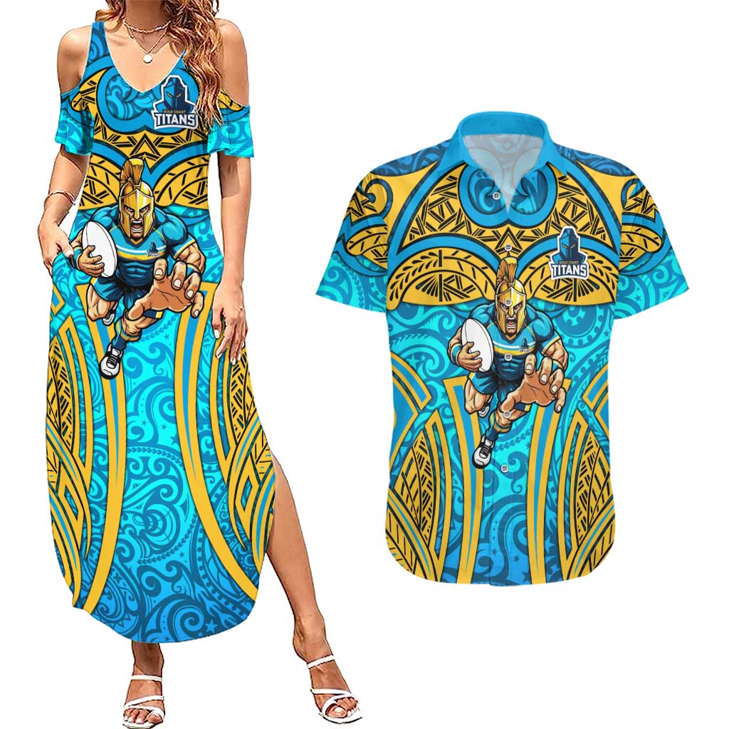 Gold Coast Titans Rugby Couples Matching Summer Maxi Dress and Hawaiian Shirt Polynesian Tribal Spartan Warrior Blue Gold Pattern