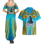 Gold Coast Titans Rugby Couples Matching Summer Maxi Dress and Hawaiian Shirt Polynesian Tribal Spartan Warrior Blue Gold Pattern