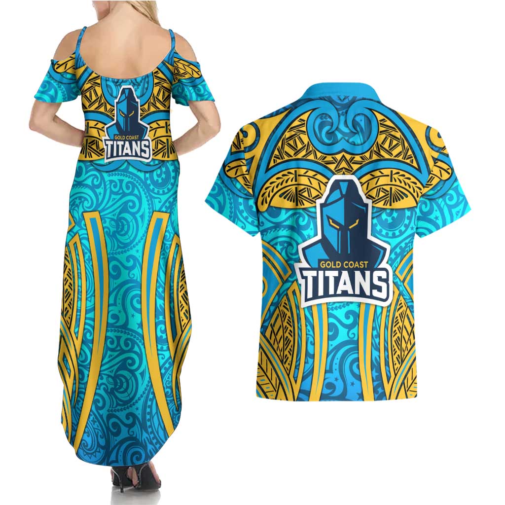 Gold Coast Titans Rugby Couples Matching Summer Maxi Dress and Hawaiian Shirt Polynesian Tribal Spartan Warrior Blue Gold Pattern