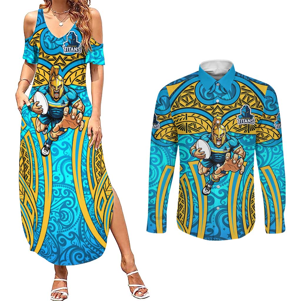 Gold Coast Titans Rugby Couples Matching Summer Maxi Dress and Long Sleeve Button Shirt Polynesian Tribal Spartan Warrior Blue Gold Pattern