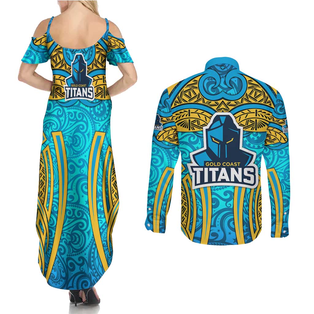 Gold Coast Titans Rugby Couples Matching Summer Maxi Dress and Long Sleeve Button Shirt Polynesian Tribal Spartan Warrior Blue Gold Pattern