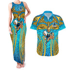 Gold Coast Titans Rugby Couples Matching Tank Maxi Dress and Hawaiian Shirt Polynesian Tribal Spartan Warrior Blue Gold Pattern