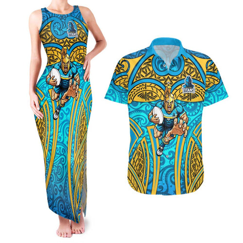 Gold Coast Titans Rugby Couples Matching Tank Maxi Dress and Hawaiian Shirt Polynesian Tribal Spartan Warrior Blue Gold Pattern