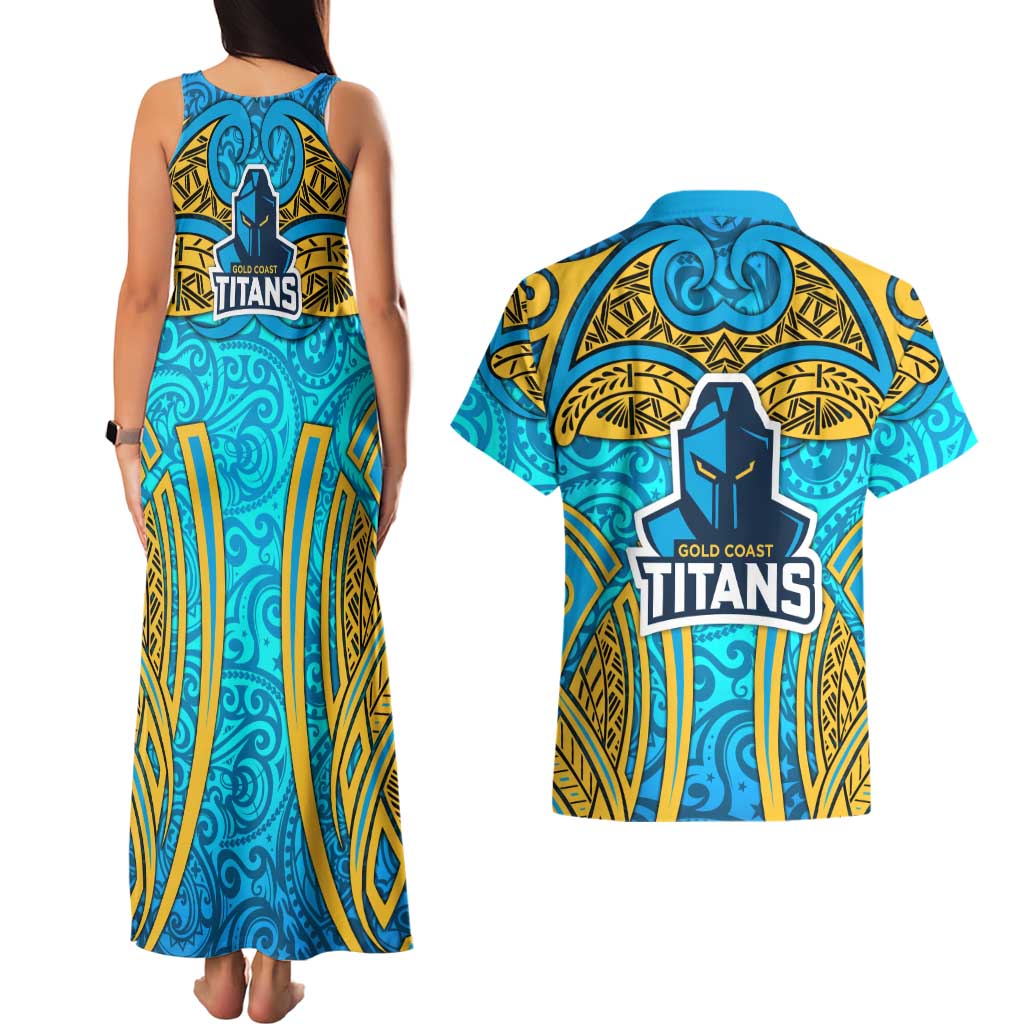 Gold Coast Titans Rugby Couples Matching Tank Maxi Dress and Hawaiian Shirt Polynesian Tribal Spartan Warrior Blue Gold Pattern