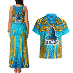 Gold Coast Titans Rugby Couples Matching Tank Maxi Dress and Hawaiian Shirt Polynesian Tribal Spartan Warrior Blue Gold Pattern