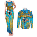 Gold Coast Titans Rugby Couples Matching Tank Maxi Dress and Long Sleeve Button Shirt Polynesian Tribal Spartan Warrior Blue Gold Pattern