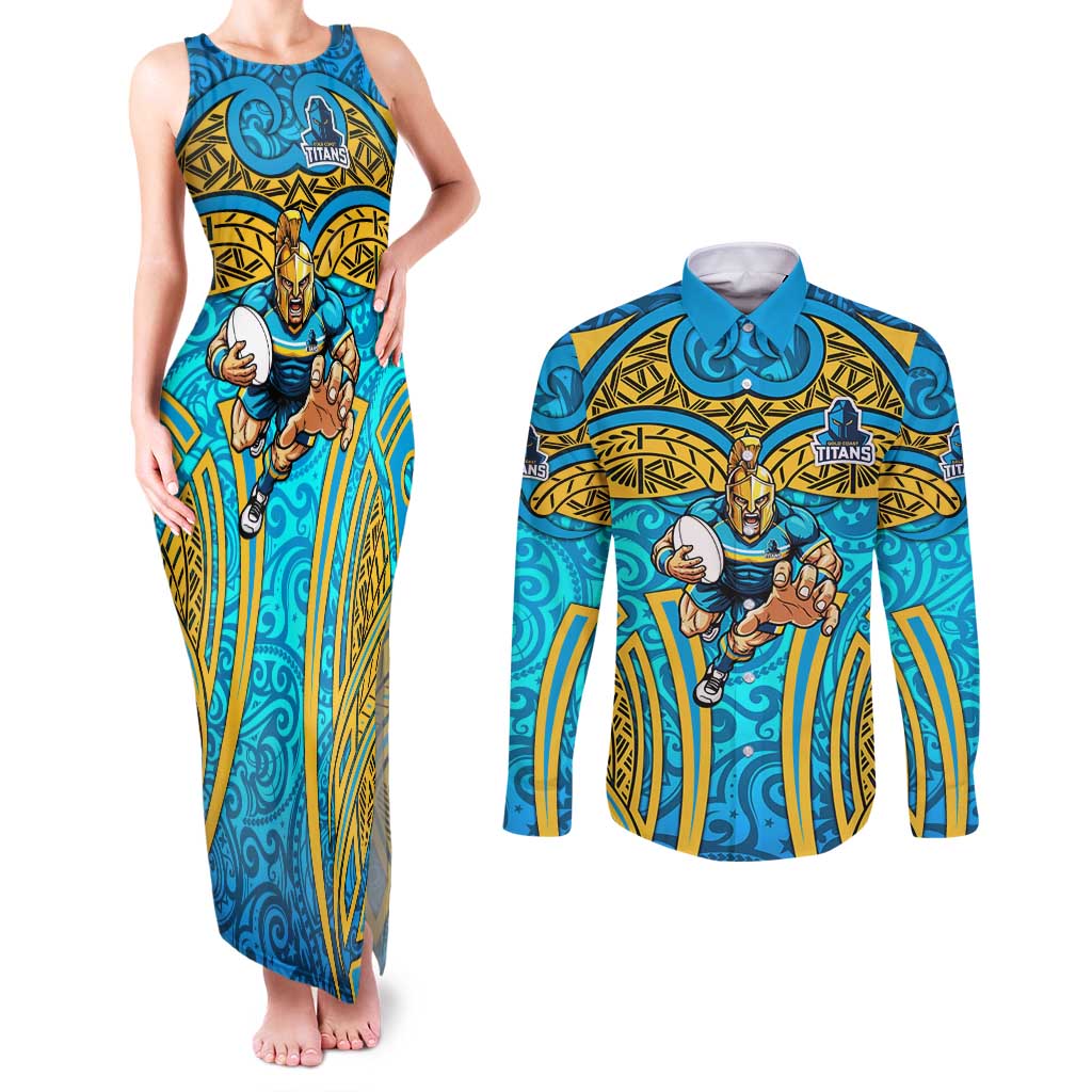 Gold Coast Titans Rugby Couples Matching Tank Maxi Dress and Long Sleeve Button Shirt Polynesian Tribal Spartan Warrior Blue Gold Pattern