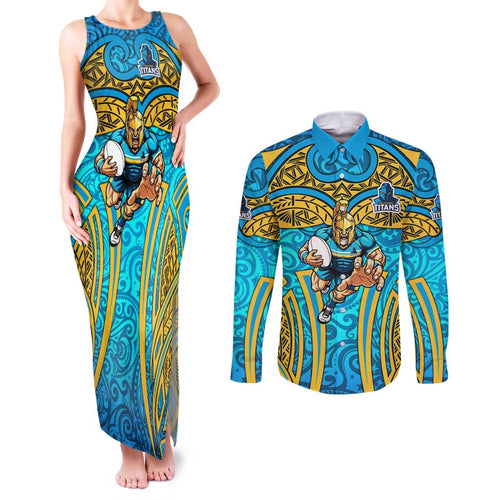Gold Coast Titans Rugby Couples Matching Tank Maxi Dress and Long Sleeve Button Shirt Polynesian Tribal Spartan Warrior Blue Gold Pattern