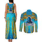 Gold Coast Titans Rugby Couples Matching Tank Maxi Dress and Long Sleeve Button Shirt Polynesian Tribal Spartan Warrior Blue Gold Pattern