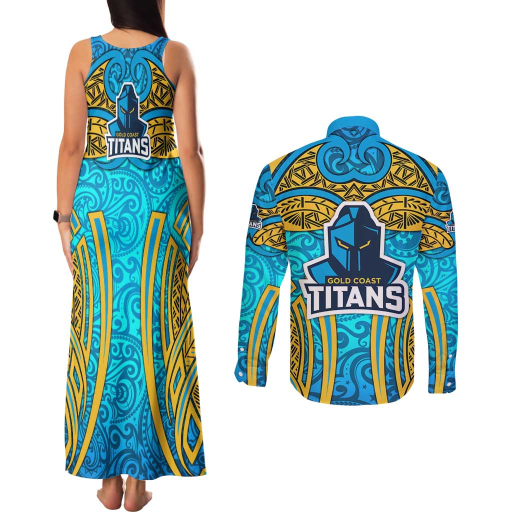 Gold Coast Titans Rugby Couples Matching Tank Maxi Dress and Long Sleeve Button Shirt Polynesian Tribal Spartan Warrior Blue Gold Pattern