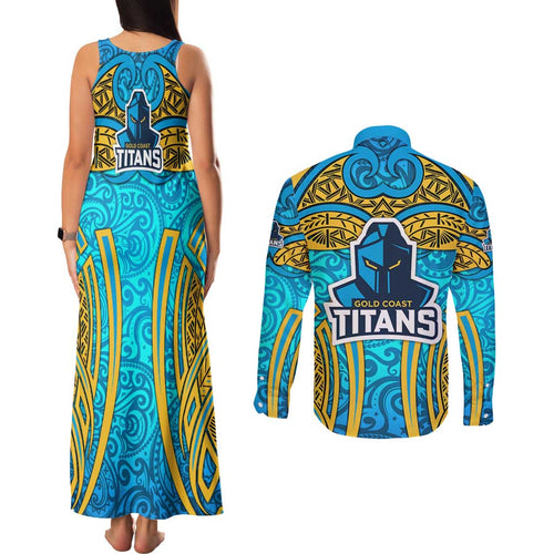 Gold Coast Titans Rugby Couples Matching Tank Maxi Dress and Long Sleeve Button Shirt Polynesian Tribal Spartan Warrior Blue Gold Pattern