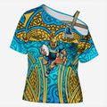 Gold Coast Titans Rugby Cross Shoulder Shirt Polynesian Tribal Spartan Warrior Blue Gold Pattern