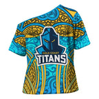 Gold Coast Titans Rugby Cross Shoulder Shirt Polynesian Tribal Spartan Warrior Blue Gold Pattern