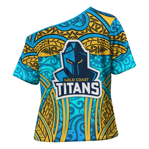 Gold Coast Titans Rugby Cross Shoulder Shirt Polynesian Tribal Spartan Warrior Blue Gold Pattern
