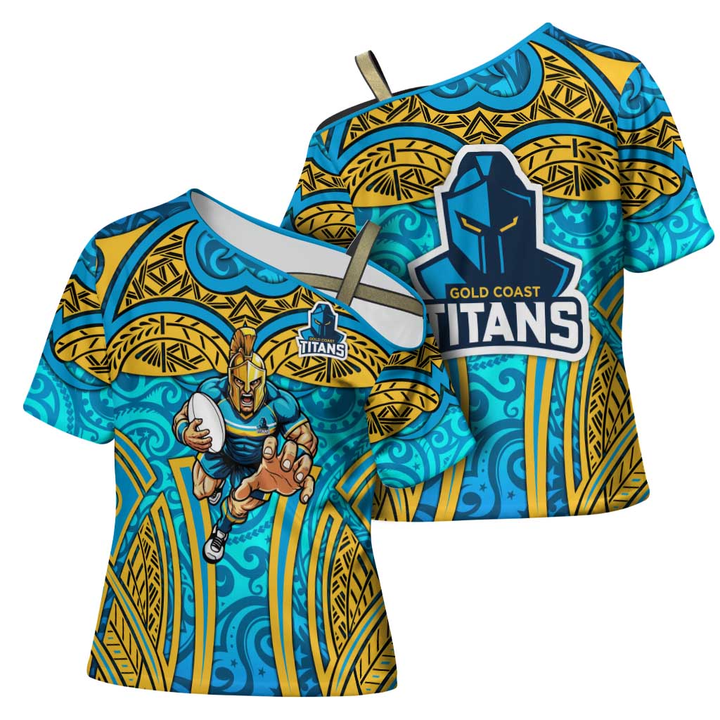 Gold Coast Titans Rugby Cross Shoulder Shirt Polynesian Tribal Spartan Warrior Blue Gold Pattern