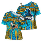 Gold Coast Titans Rugby Cross Shoulder Shirt Polynesian Tribal Spartan Warrior Blue Gold Pattern