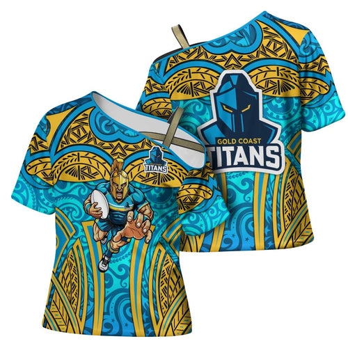 Gold Coast Titans Rugby Cross Shoulder Shirt Polynesian Tribal Spartan Warrior Blue Gold Pattern