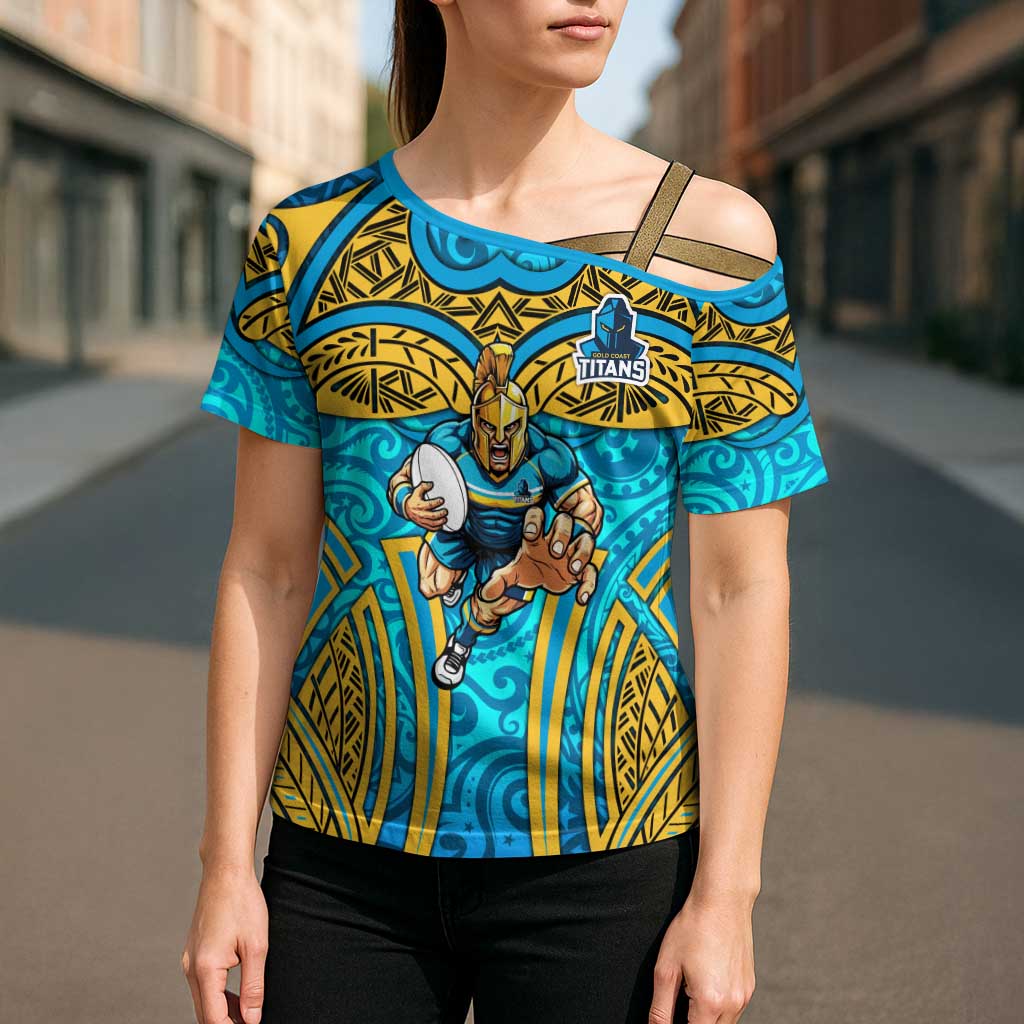Gold Coast Titans Rugby Cross Shoulder Shirt Polynesian Tribal Spartan Warrior Blue Gold Pattern