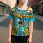 Gold Coast Titans Rugby Cross Shoulder Shirt Polynesian Tribal Spartan Warrior Blue Gold Pattern